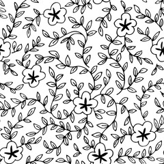 Abstract small ditsy seamless pattern. Blooming flowers continuous one line drawing. - 728568974
