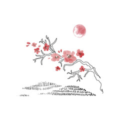 Sakura branch line art, watercolor flowers on mountains background - 728568998