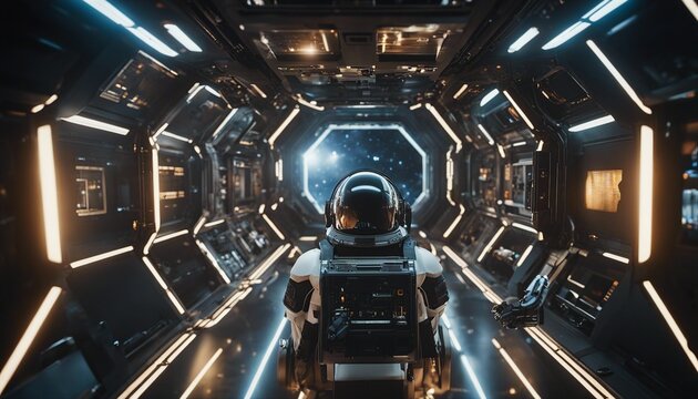 Futuristic Odyssey: Astronaut Navigating Through Sleek Spacecraft Corridor