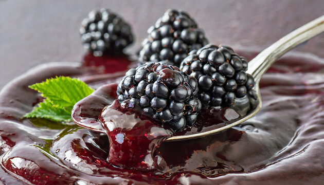 Blackberries sauce splash, blackberries sauce flowing, close up, 3d illustration, copy space