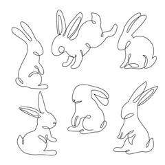 Abstract bunnies set isolated on white background. Bunny rabbit continuous one line drawing. - 728569337