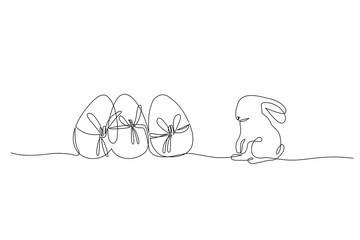 Abstract bunny, eggs with ribbons. Easter bunny rabbit continuous one line drawing - 728569350