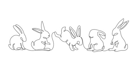 Abstract bunnies set isolated on white background. Bunny rabbit continuous one line drawing. - 728569359