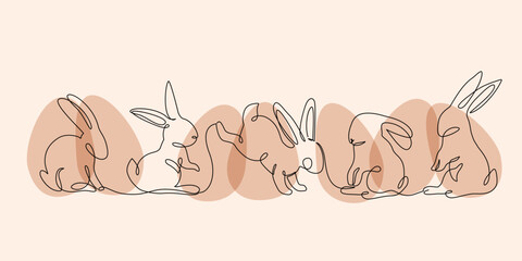Abstract bunnies set on eggs background. Easter bunny rabbit continuous one line drawing. - 728569371