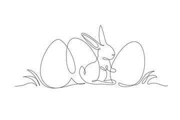 Abstract bunny, eggs on grass. Easter bunny rabbit continuous one line drawing - 728569391