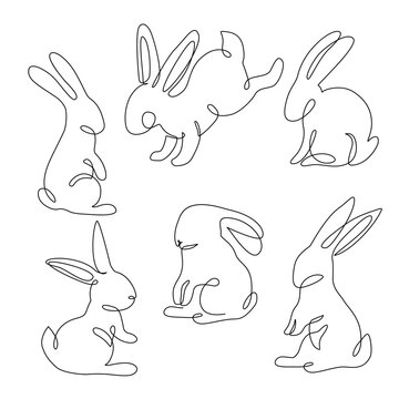 Abstract bunnies set isolated on white background. Bunny rabbit continuous one line drawing.