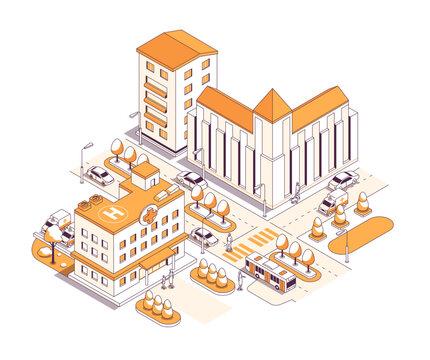 Public buildings on the street - vector isometric illustration. Hospital, bank, office and residential high-rise construction, highway with cars, bus and ambulance, pedestrians crossing the road
