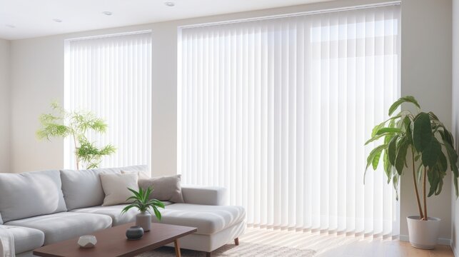 There are white roller blinds on the windows in the living room. The room has indoor plants and a light sofa
