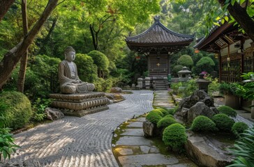 A serene garden showcasing a central Buddha statue surrounded by a lush and tranquil setting