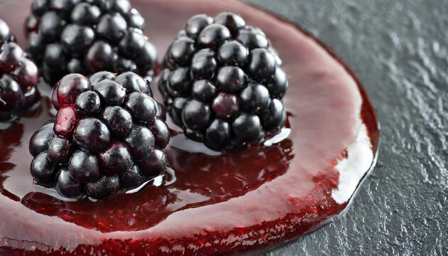 Blackberries sauce splash, blackberries sauce flowing, close up, 3d illustration, copy space