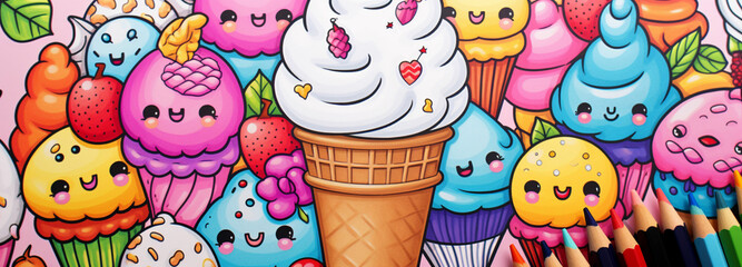 Fototapeta premium hand drawn kawaii coloring book with ice cream