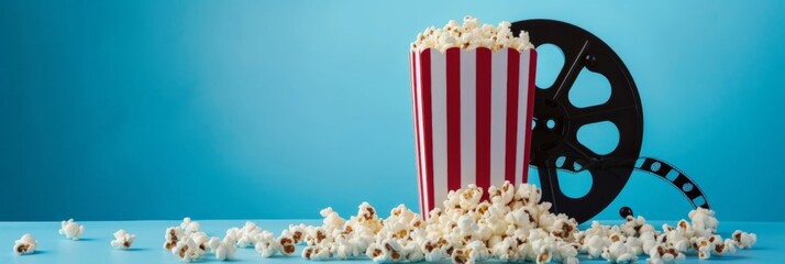 Classic movie night with popcorn box and film reel on a cyan background