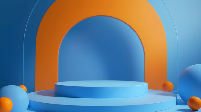 triered bright blue podium with orange accents podium background