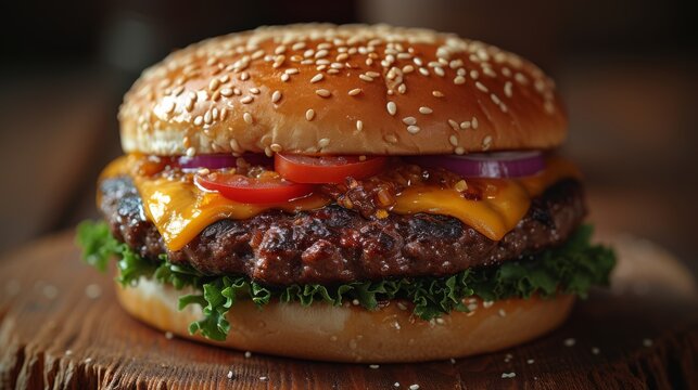  "Close-up d'un cheeseburger classique avec sesame, steak, fromage fondu, tomate, oignon rouge et laitue, sur planche en bois."