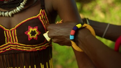 African Woman From Karamojong Tribe Wearing Traditional Beaded Jewellery In Uganda - Close Up