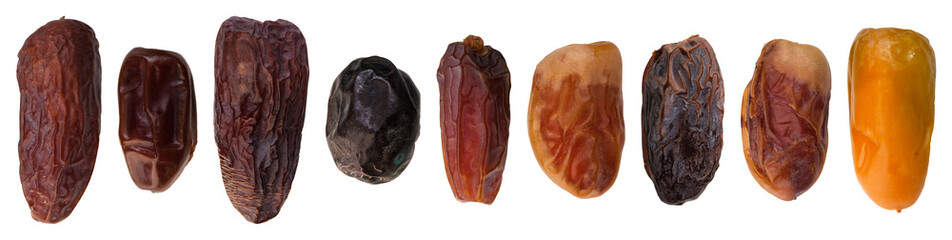 Types of dates, varieties of dates isolated on transparent background. Different types on sizing and species of date palms.