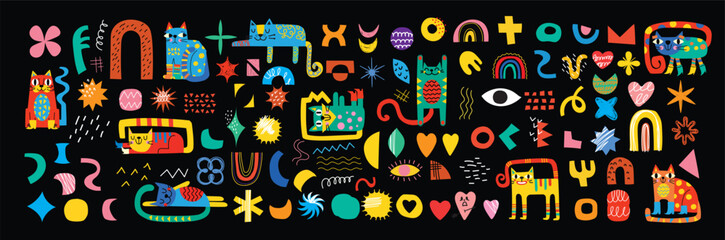 Collection with cute cats, decorative abstract illustrations with colorful doodles, geometric shapes. Hand-drawn modern illustration with cats, flowers, abstract elements