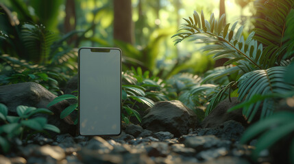 blank Smart phone in tropical forest for product presentation on green background