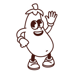 Groovy cartoon monochrome eggplant character waving hello. Retro aubergine with friendly face greeting, eggplant mascot, cartoon vegetable emoji and food sticker of 70s 80s style vector illustration