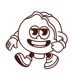 Groovy cartoon monochrome cabbage character with psychedelic smile. Funny retro leafy vegetable with teeth in mouth walking, cabbage mascot, cartoon food sticker of 70s 80s style vector illustration
