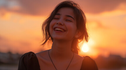 Radiant Bliss: A Woman Basks in the Embrace of the Setting Sun