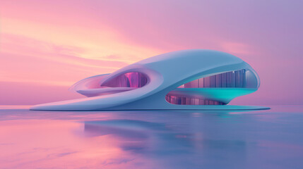 Ethereal Essence: Enchanting Futuristic Building Illuminated by a Pink Sky