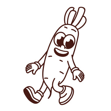 Groovy cartoon monochrome daikon character walking. Funny retro root vegetable with green leaf, radish mascot with arms and legs, cartoon veggie harvest sticker of 70s 80s style vector illustration