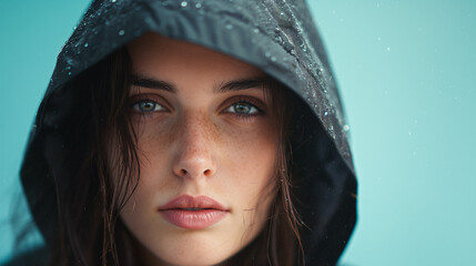 Enigmatic Gaze: A Captivating Woman Peering From Her Hooded Jacket