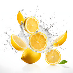 Fresh lemon juice dripping with lemon fruits levitate isolated on white background 