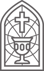 Church glass window. Stained mosaic catholic and christian frame with cup and cross. Gothic medieval outline arch