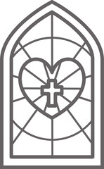 Church glass window. Stained mosaic catholic and christian frame with cross and heart. Gothic medieval outline arch