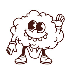 Groovy cartoon monochrome broccoli character waving with funky smile. Funny retro vegetable smiling with teeth and hand up, broccoli mascot, cartoon food sticker of 70s 80s style vector illustration