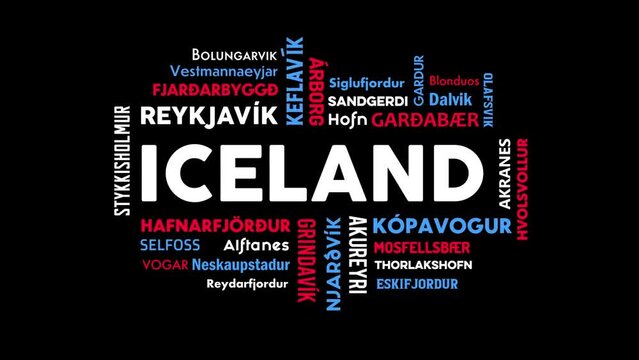 Animation of Iceland text along with city names