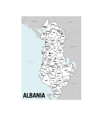 Albania country white political map. Detailed vector illustration with isolated provinces, departments, regions, counties, cities, islands and states easy to ungroup.