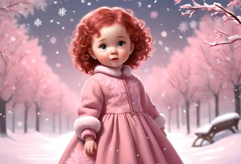 animated baby girl features auburn ringlets and stands against a backdrop of gently falling pink snowflakes, radiating charm. - obrazy, fototapety, plakaty