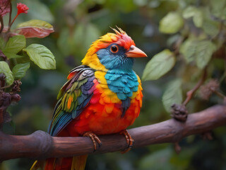 A colorful macaw bird with flowers.