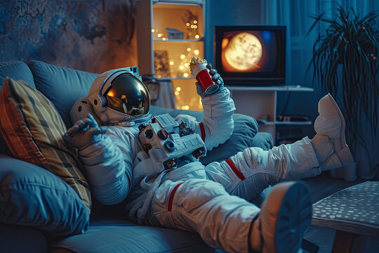 An astronaut enjoying popcorn chilling on the couch at home
