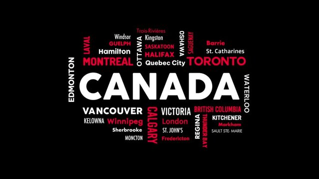 Motion animation of the text Canada along with the name of the city
