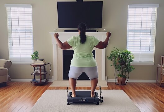 With perseverance, an overweight woman dedicates herself to cardio workouts in the gym, illustrating her pursuit of a healthier lifestyle.