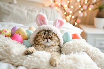 Fototapeta na wymiar A charming cat dozes off wearing bunny ears, enveloped by an array of speckled Easter eggs and soft, glowing lights.