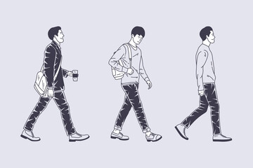 Set of outline illustrations of walking man