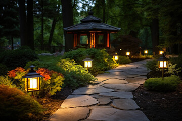 Garden path illuminated by lanterns. Landscape design