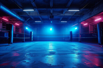 Boxing ring in a spacious empty sports club. Arena for professional boxing matches, illuminated by powerful spotlights. Blue and red lighting. - obrazy, fototapety, plakaty