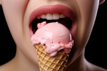 Woman eating strawberry ice cream close up - obrazy, fototapety, plakaty