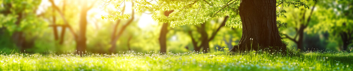 Obraz premium Meadow with lots of white spring daisy flowers in natural park in spring. Nature floral background in early summer with fresh green grass.