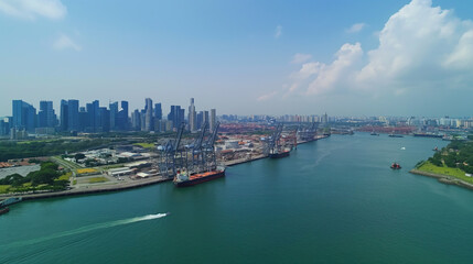 Fototapeta premium A bird's-eye view of industrial factories and shipping ports along the river as the evening sun reflects on the calm river. Amidst the colorful sky and tranquil nature