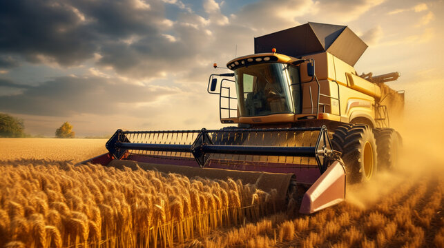 combine harvester working on wheat field,Artificial Intelligence Augmentation: Remote Control Integration in AI Science and Technology.