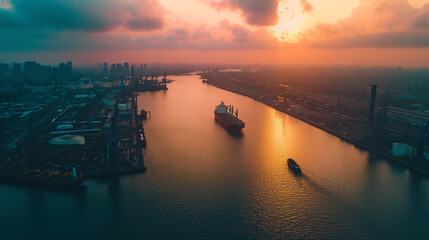 A bird's-eye view of industrial factories and shipping ports along the river as the evening sun reflects on the calm river. Amidst the colorful sky and tranquil nature - obrazy, fototapety, plakaty