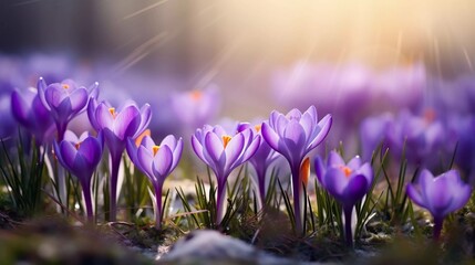 realistic photo of Purple Crocus Flowers in Spring. generative ai