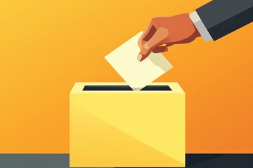 Illustration of a hand casting a ballot into a yellow box on a contrasting orange background
